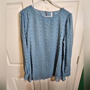 Bubble Sleeve Fabric Adornment Baby Blue Textured Women's Top